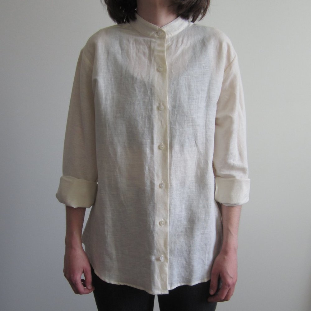 Vintage 90s linen white mandarin collar button up